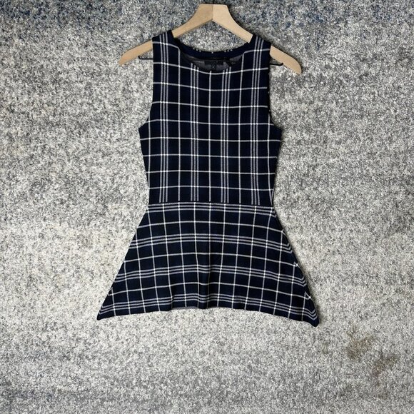 Theory Peplum Sweater Womens Small Navy Windowpane Plaid Kalora Lustrate Top - Picture 1 of 6